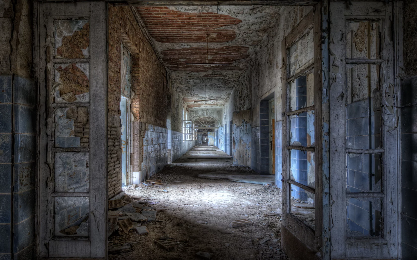 walls without paint, construction, building, halls, dirt, ruins, broken windows
