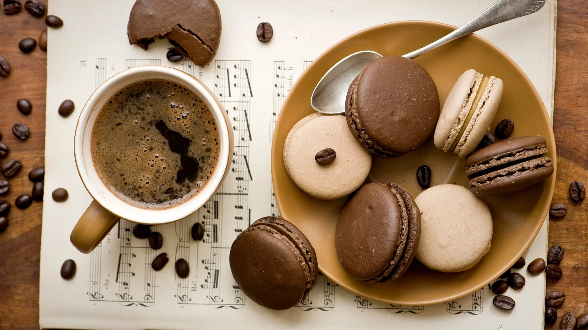кофе, чашка, макарун, шоколадное, печенье, зерна, macaron