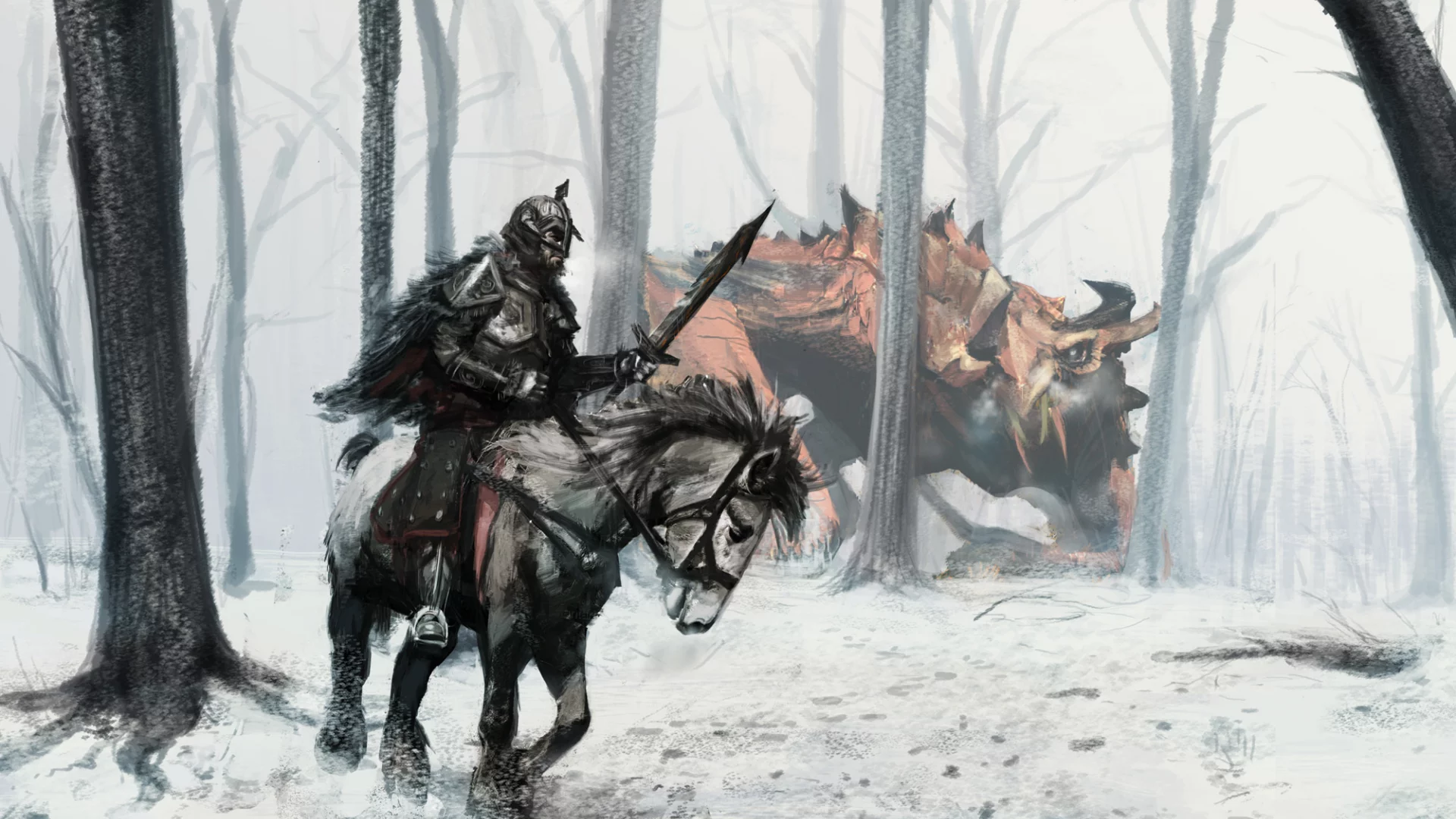 лес, конь, всадник, арт, монстр, человек, воин