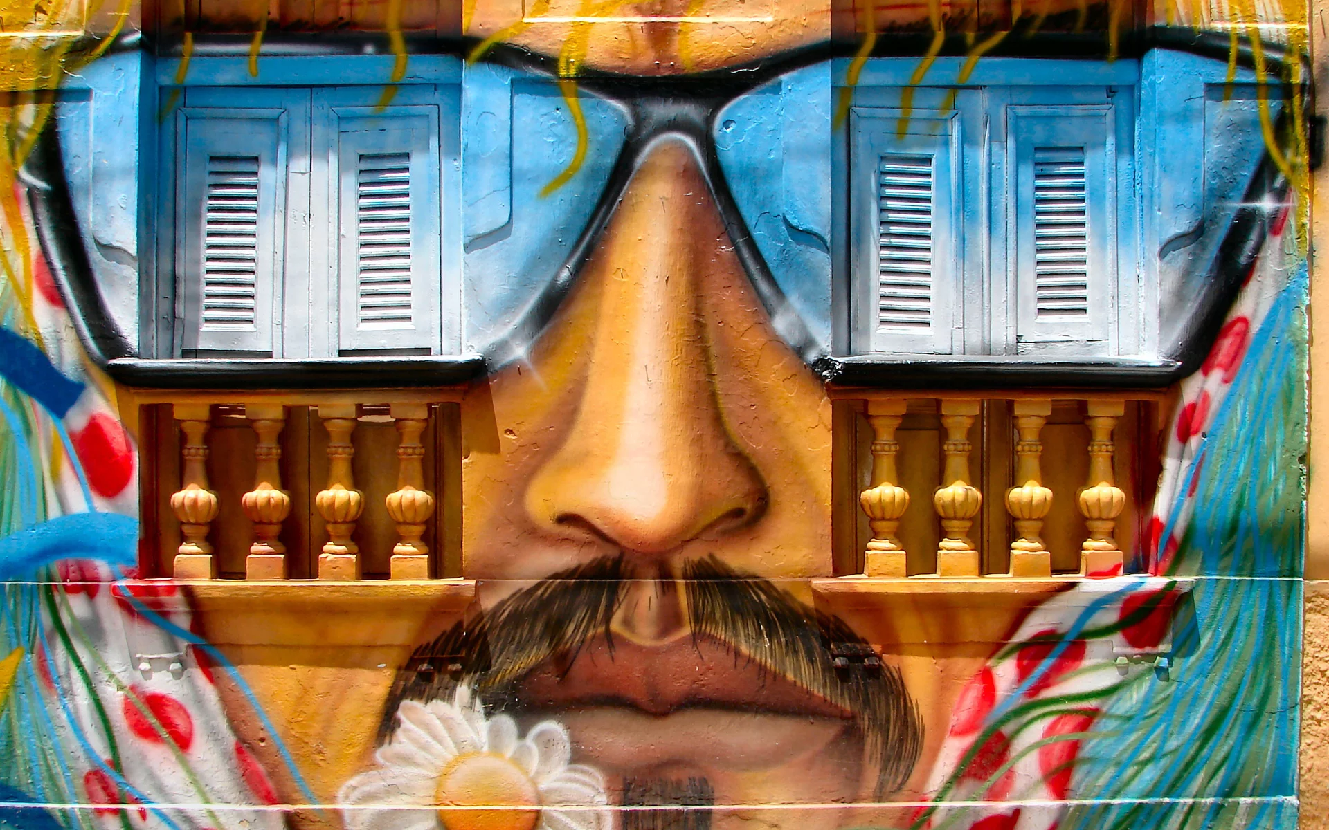 artistic, glasses sun, window, nose, whiskers, mouth, flower art, graffiti, wall