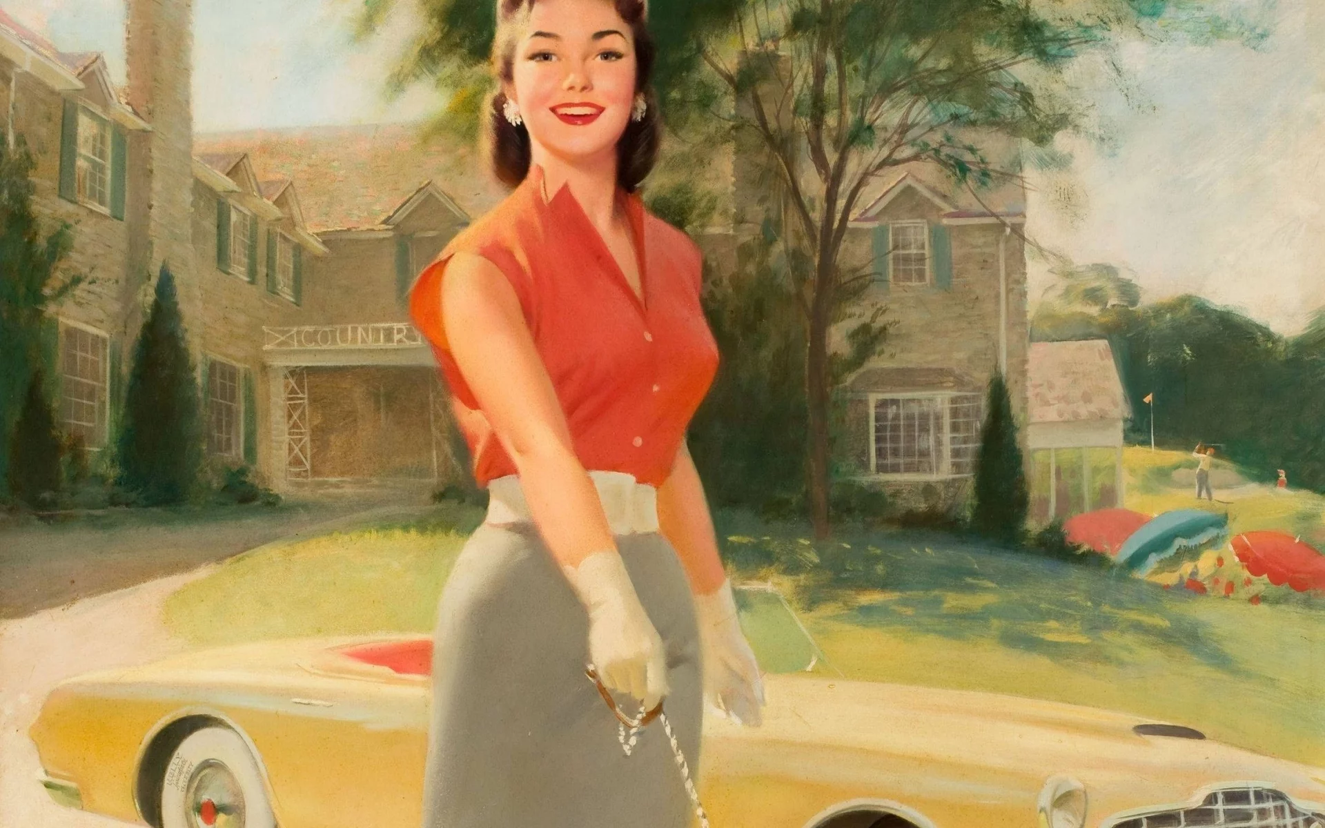 дом, юбка, ретро, машина, девушка, bill medcalf, перчатки