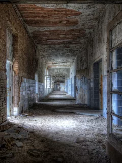walls without paint, construction, building, halls, dirt, ruins, broken windows