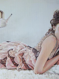 глаза, девушка, живопись, макияж, взгляд, лежит, губы