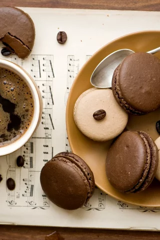 кофе, чашка, макарун, шоколадное, печенье, зерна, macaron