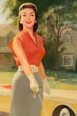 дом, юбка, ретро, машина, девушка, bill medcalf, перчатки