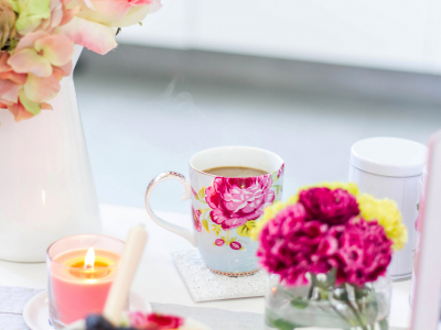 свечи, ваза, чашка, завтрак, кофе, розы, цветы, рисунок