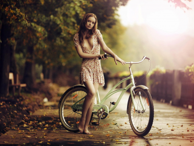 девушка, велосипед, осень, босиком, грусть