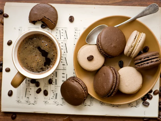 кофе, чашка, макарун, шоколадное, печенье, зерна, macaron