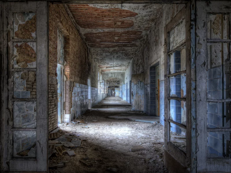 walls without paint, construction, building, halls, dirt, ruins, broken windows