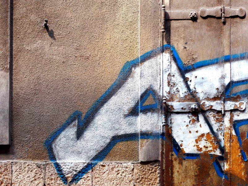 white, pattern, paint spray, door, hinges, window, blue, street art