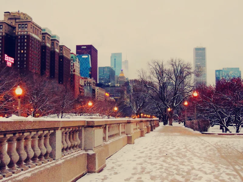 небоскребы, чикаго, вечер, улица, тратуар, chicago, фонари