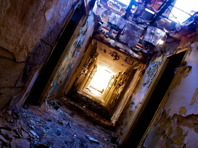 fallen roof, ruin , halls, doors, light at the end of the tunnel, dirt, heater, peeling walls