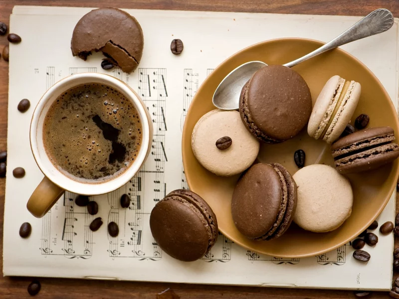 кофе, чашка, макарун, шоколадное, печенье, зерна, macaron