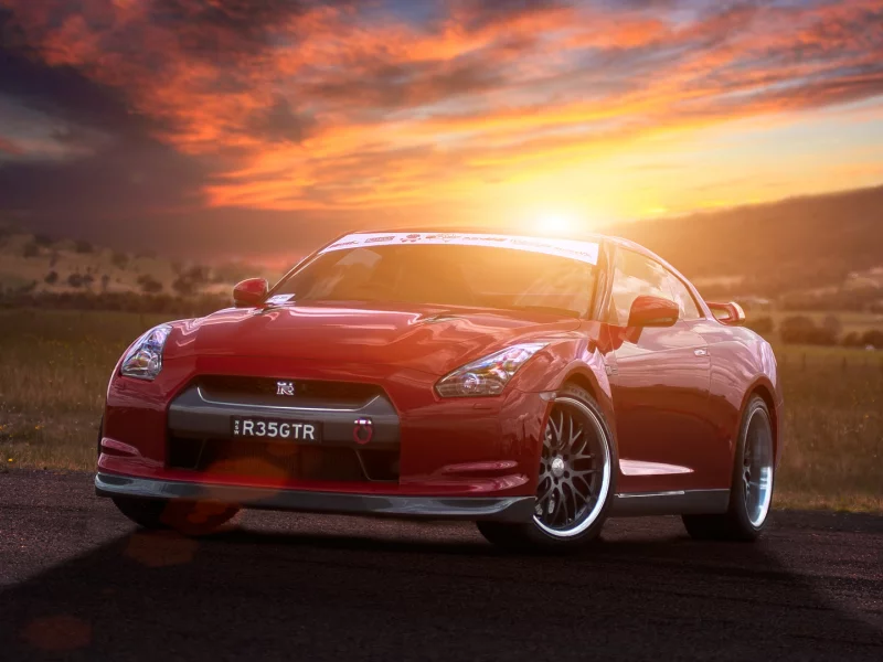 nissan, red, блик, front, солнце, gt-r, ниссан, закат, красный, r35