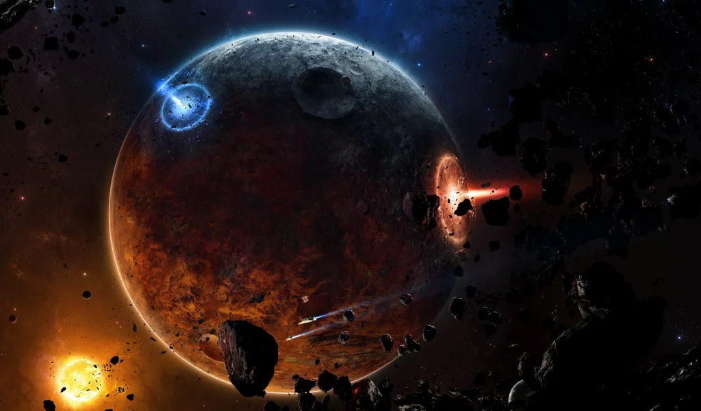 spaceships, sci fi, meteorites, fire, astroides, planet