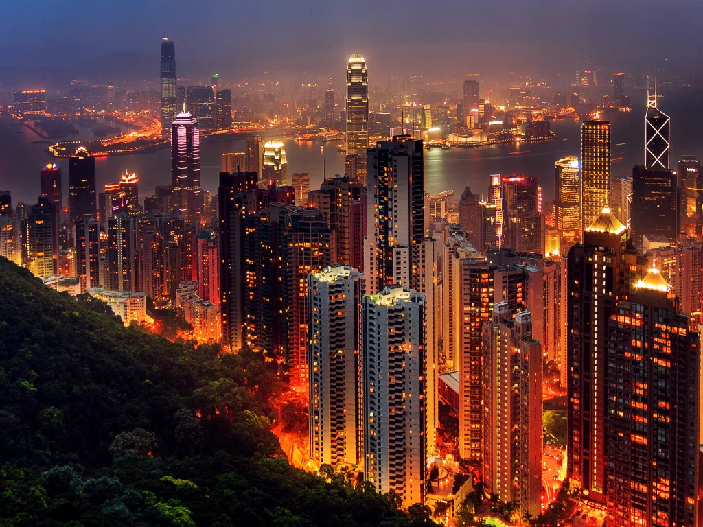 город, огни, азия, ночь, вечер, hong kong