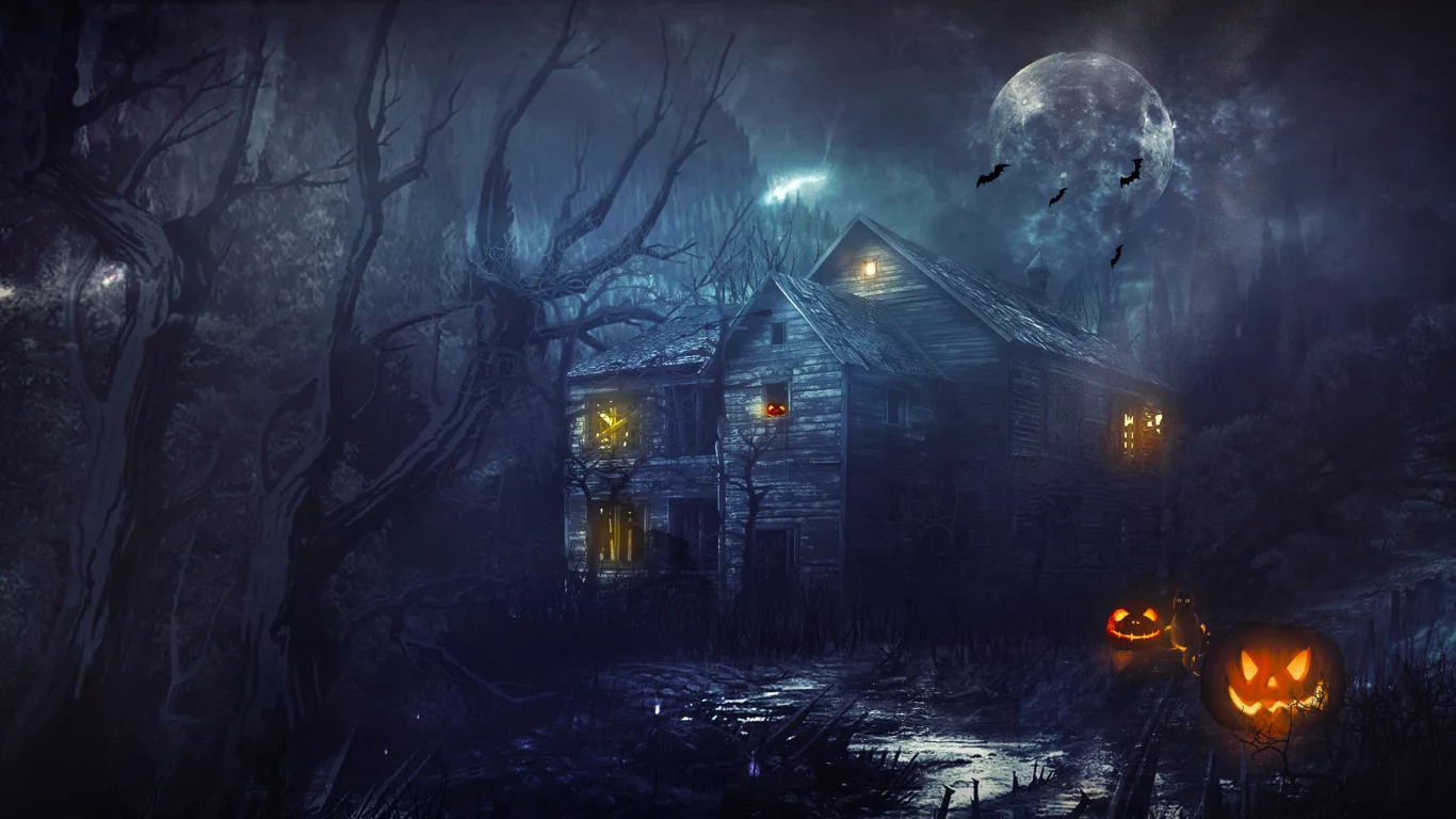  деревья, хэллоуин, лес, тыквы, halloween, дом