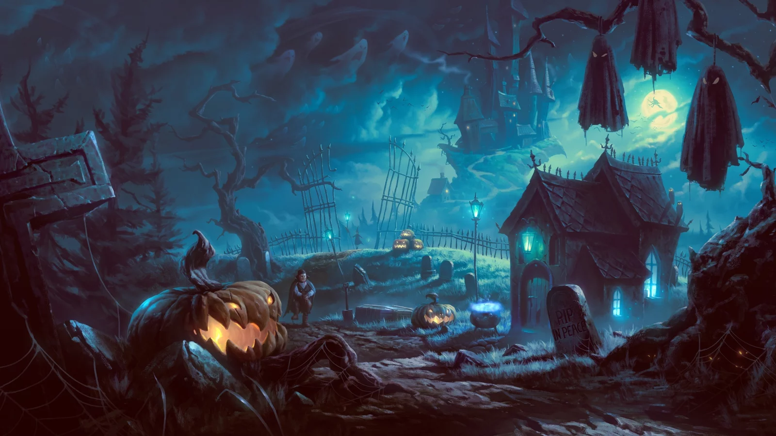 деревья, ночь, летучие мыши, тыква, halloween, вампир, арт