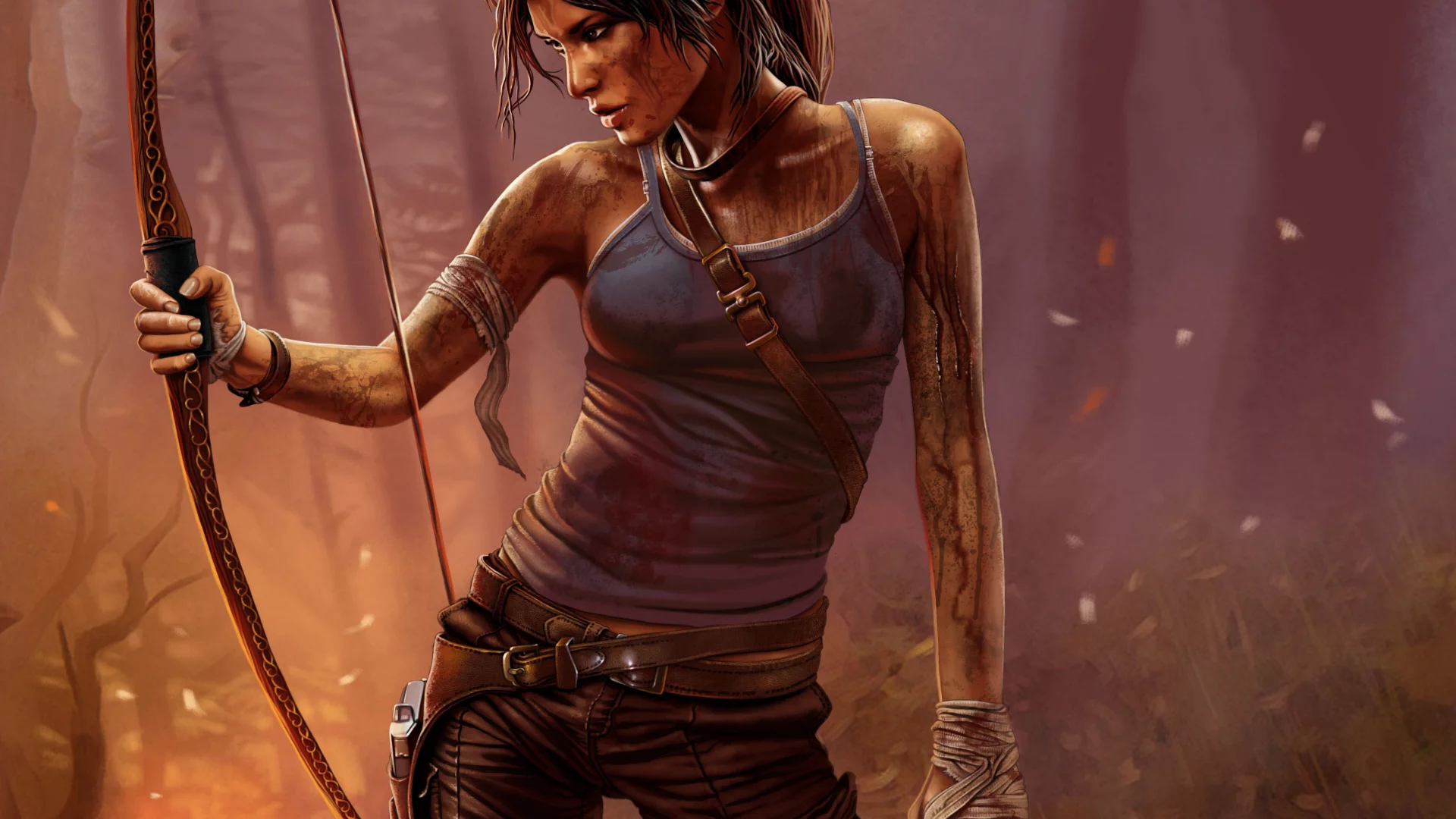 лук, tomb raider, грязь, лара крофт, оружие, игра, девушка