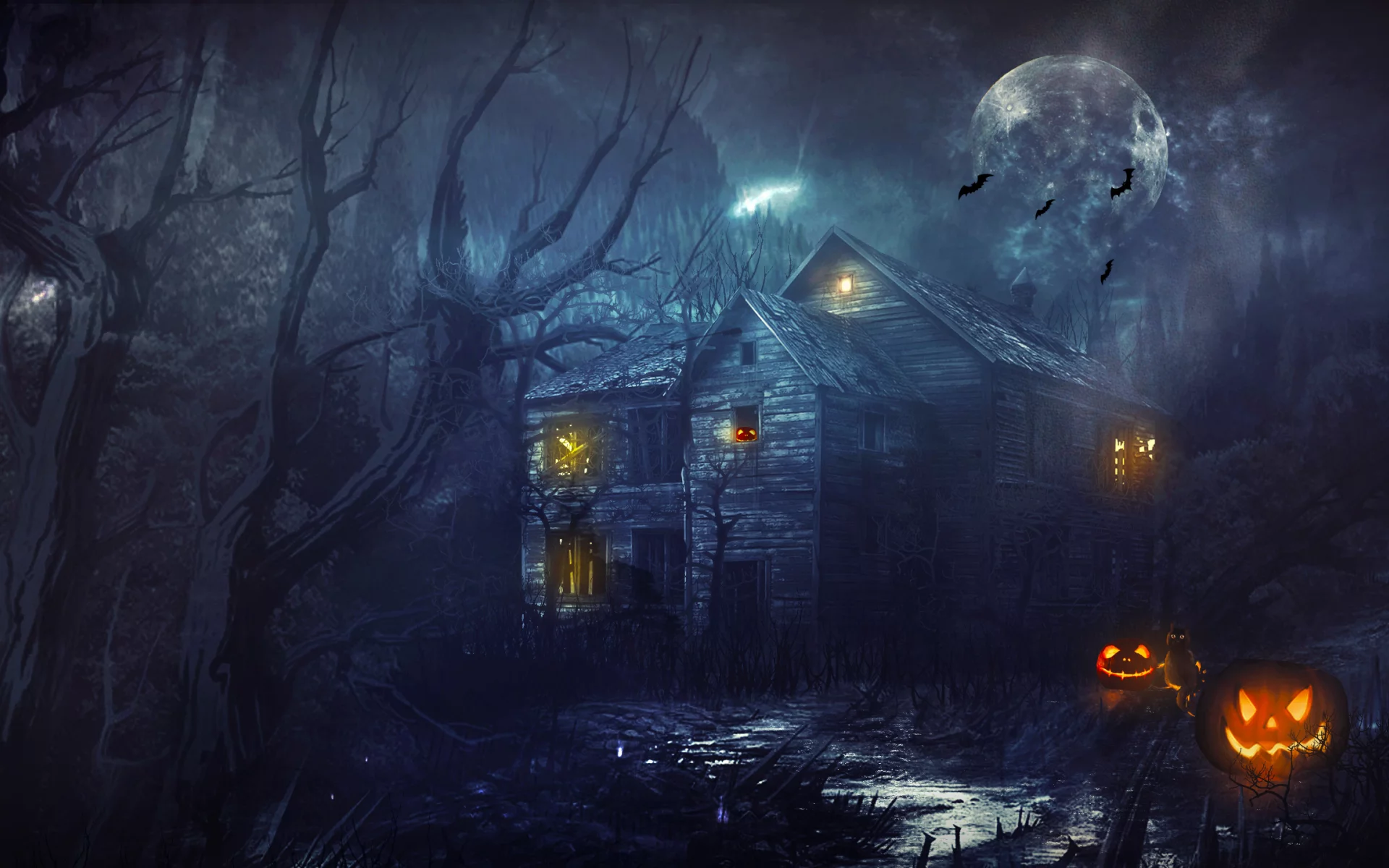  деревья, хэллоуин, лес, тыквы, halloween, дом