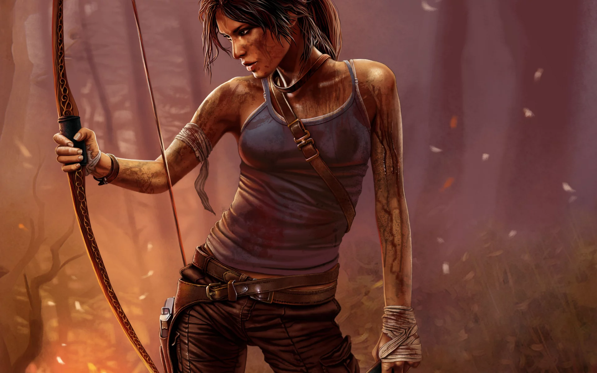 лук, tomb raider, грязь, лара крофт, оружие, игра, девушка