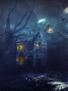  деревья, хэллоуин, лес, тыквы, halloween, дом