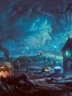 деревья, ночь, летучие мыши, тыква, halloween, вампир, арт