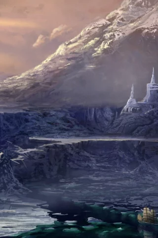 арт, вода, замок, корабль, море, парусник, горы, скалы