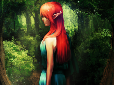 рыжая, эльфийка, девушка, роща, деревья, голубое платье