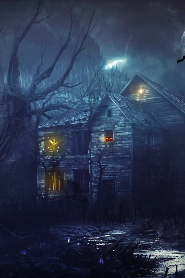  деревья, хэллоуин, лес, тыквы, halloween, дом