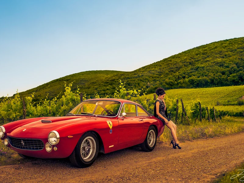 девушка, gt, виноградники, дорога, ferrari 250