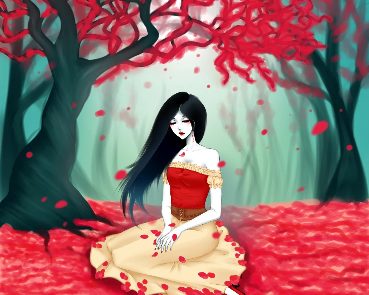 арт, красные, eirintomo , adventure time, marceline, листья, девушка