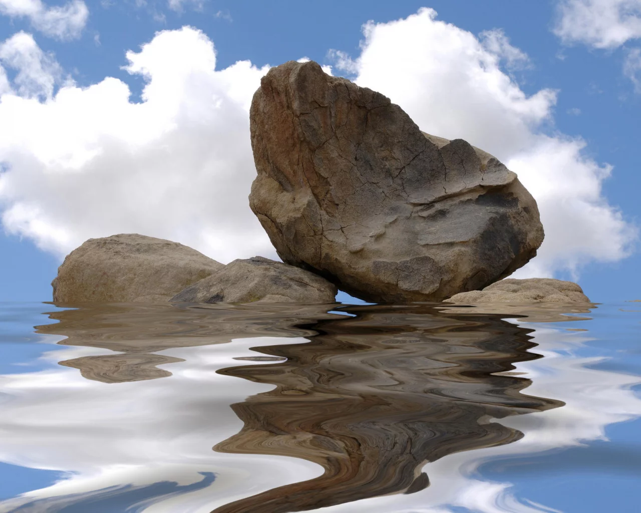 рябь, скала, вода, отражение, камень