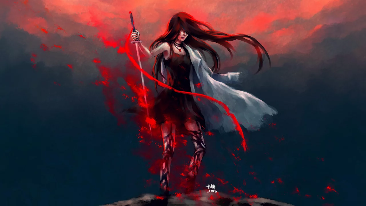 nanfe, слезы, art, меч, плащ, девушка, оружие