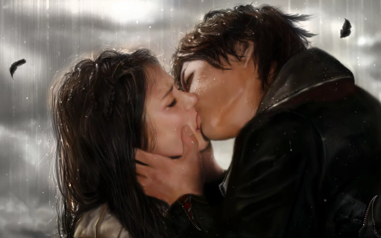 любовь, elena, damon, поцелуй, the vampire diaries, сериал, дождь