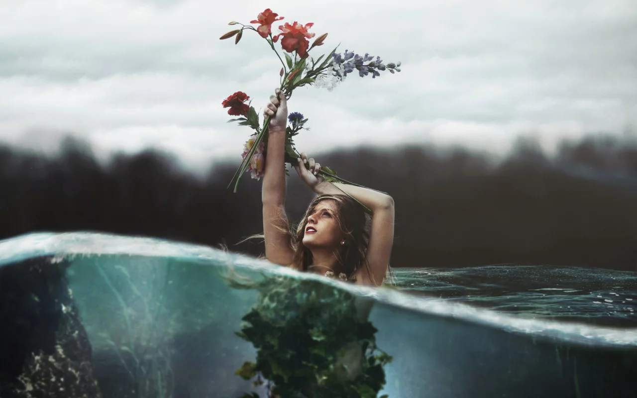 цветы, девушка, вода