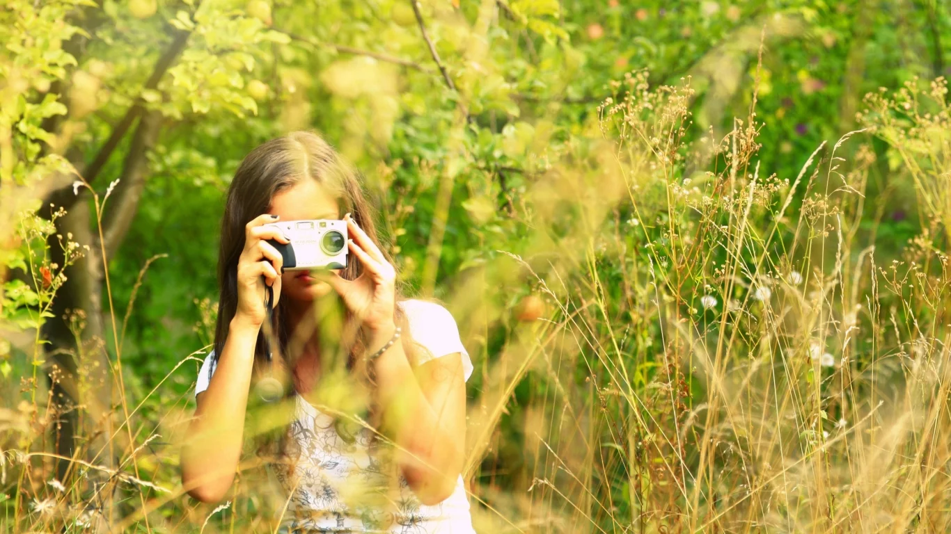 настроения, камера, девушка, фотоаппарат, природа