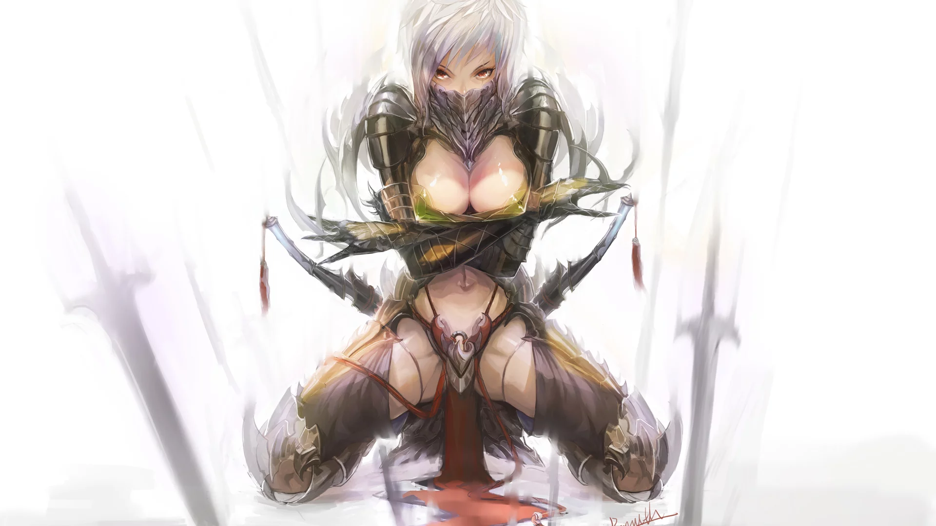убийца, белый фон, маска, клинки, assassin, арт, девушка