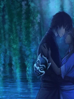 парень, девушка, маска, zuko, арт, вода, дерево, ночь, katara