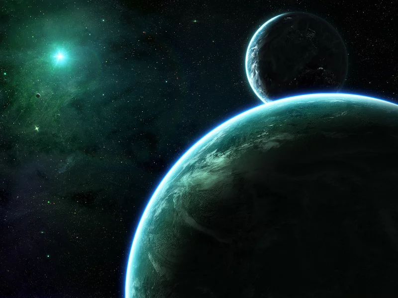 darkness, planets, stars, green, light, sci fi, planet, shadows