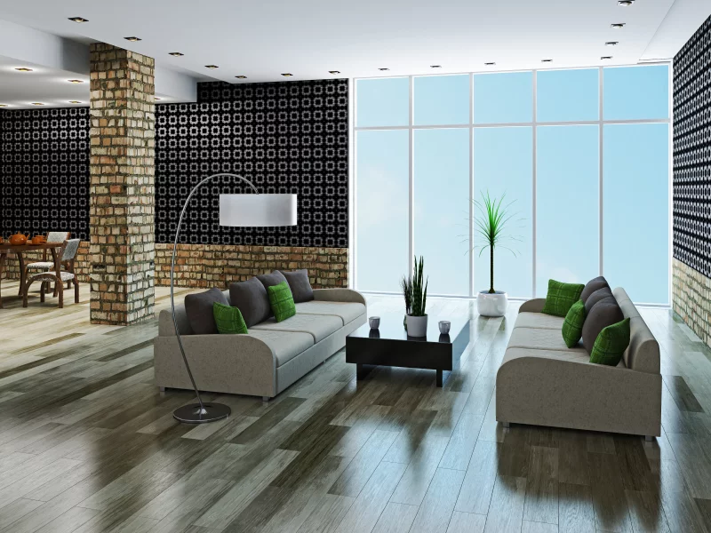 modern, interior, интерьер, large living room, couch, stylish design, pillows, table