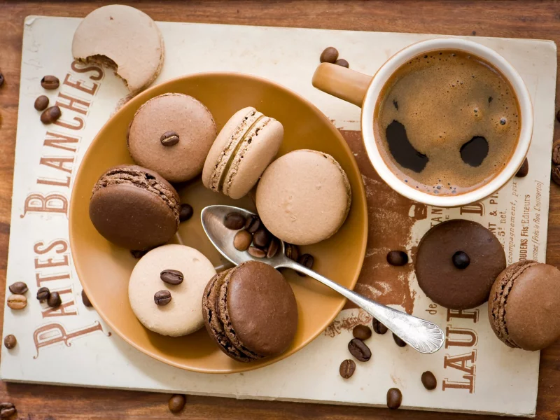 кофе, зерна, macaron, печенье, макарун, чашка, шоколадное