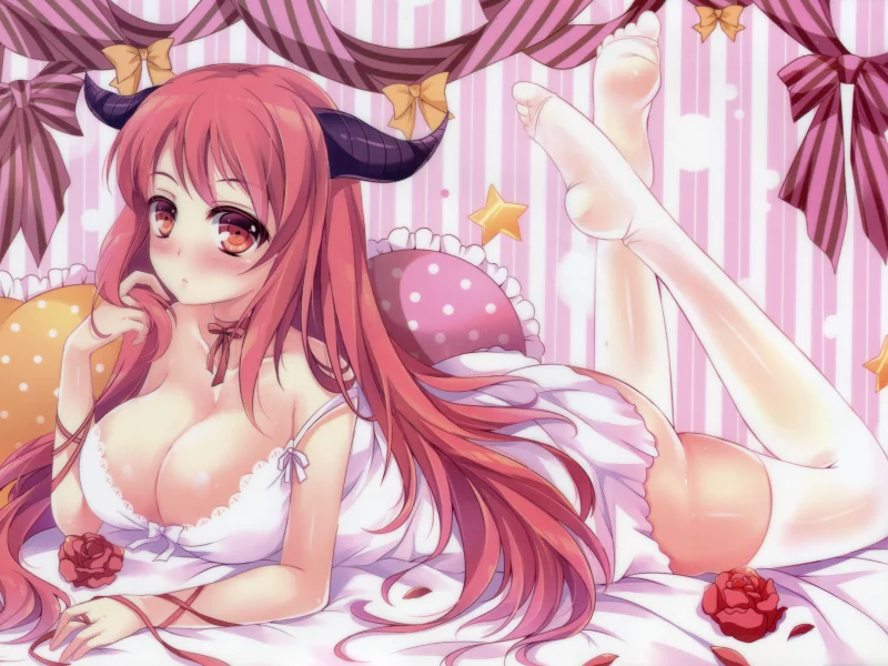 цветок, девушка, maoyuu maou yuusha, рога, лежа, maou, roldelos, арт