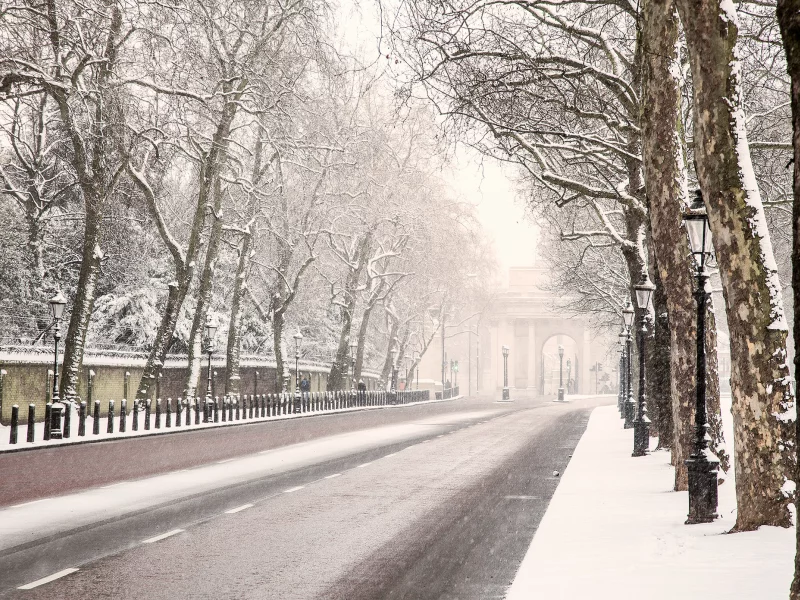 дорога, деревья, англия, снег, зима, лондон, london, england