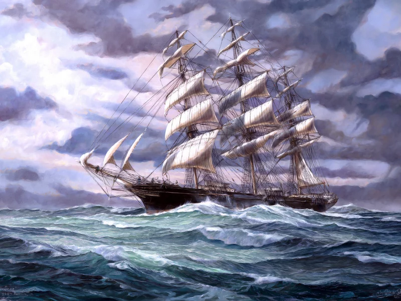 паруса, картина, рисунок, море, корабль, вид сбоку