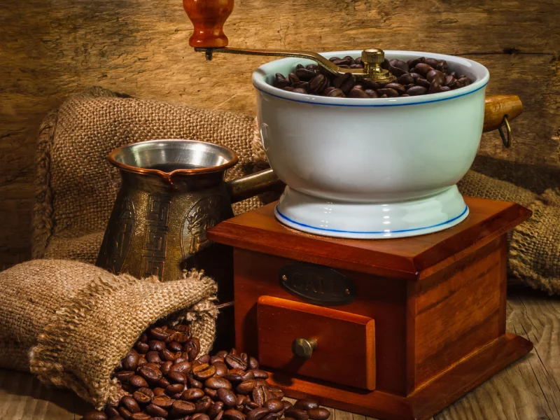 machine for grinding coffee, coffee, wall, wood beads, bags, coffee