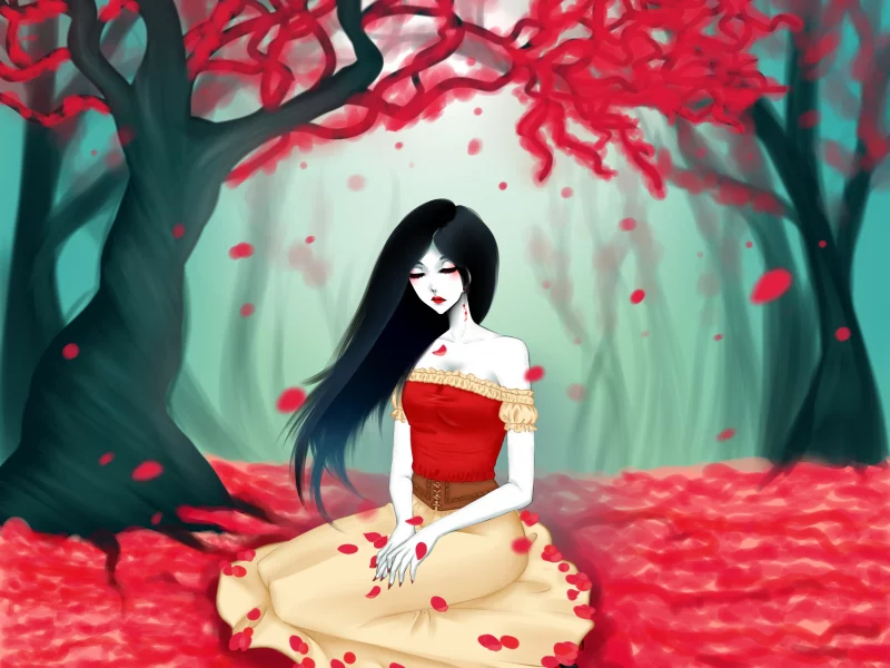 арт, красные, eirintomo , adventure time, marceline, листья, девушка