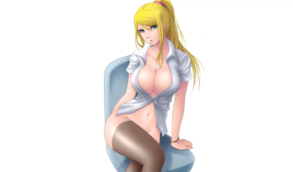 блузка, kuroma, грудь, samus aran, art, взгляд, чулки, девушка