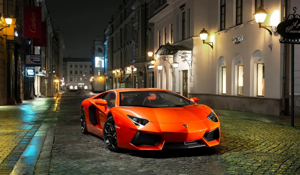 улица, спорткар, оранжевый, lp700-4, lamborghini, aventador, ночь