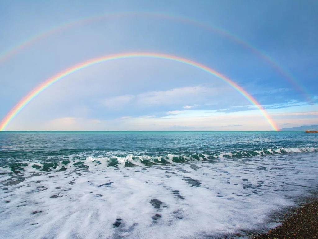 радуга, природа, вода, горизонт, волна, море, волны